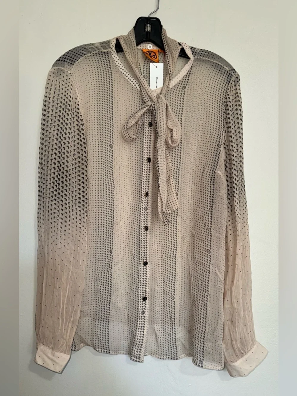 Tory Burch Silk Detachable Scarf Sheer Button-Down in Beige and Black Dot